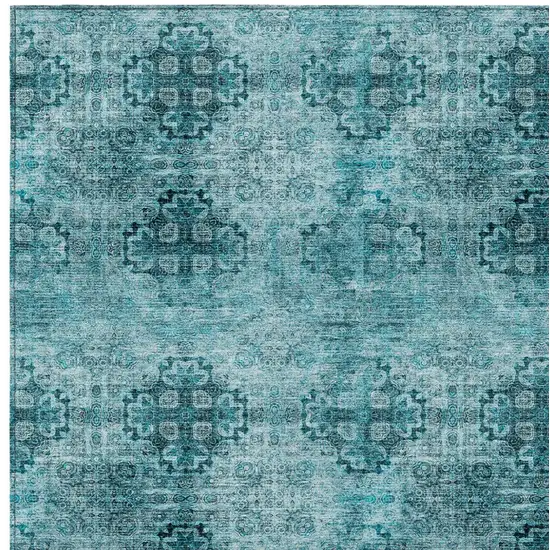 Teal Floral Medallion Washable Non Skid Indoor Outdoor Area Rug Photo 5