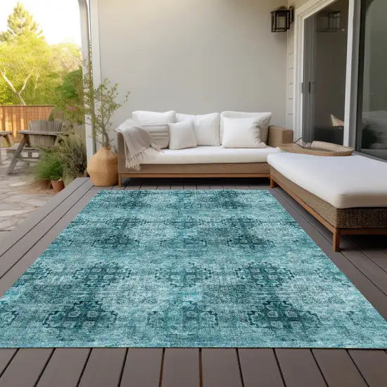 Teal Floral Medallion Washable Non Skid Indoor Outdoor Area Rug Photo 9