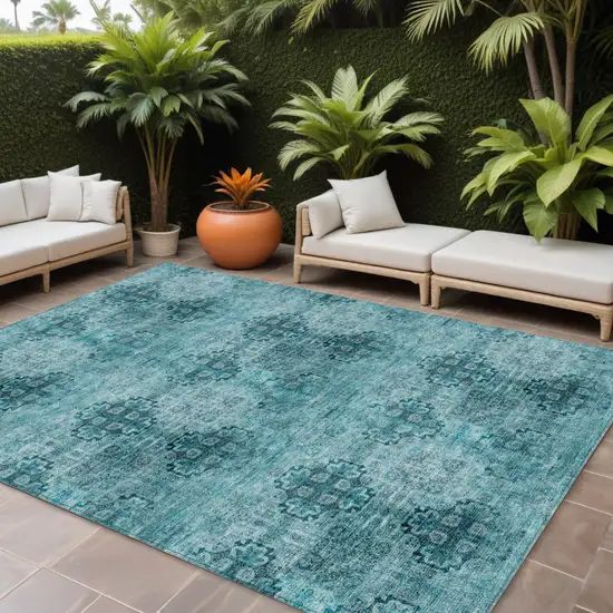 Teal Floral Medallion Washable Non Skid Indoor Outdoor Area Rug Photo 1