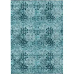 Photo of Teal Floral Medallion Washable Non Skid Indoor Outdoor Area Rug