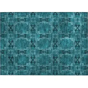 Photo of Teal Floral Medallion Washable Non Skid Indoor Outdoor Area Rug