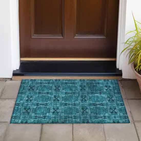 Teal Floral Medallion Washable Non Skid Indoor Outdoor Area Rug Photo 8