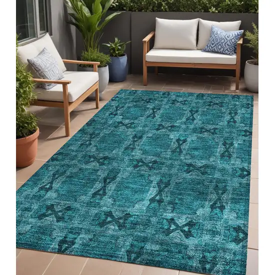 Teal Floral Medallion Washable Non Skid Indoor Outdoor Area Rug Photo 1