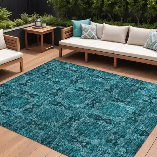 Teal Floral Medallion Washable Non Skid Indoor Outdoor Area Rug Photo 1