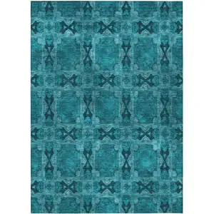 Photo of Teal Floral Medallion Washable Non Skid Indoor Outdoor Area Rug