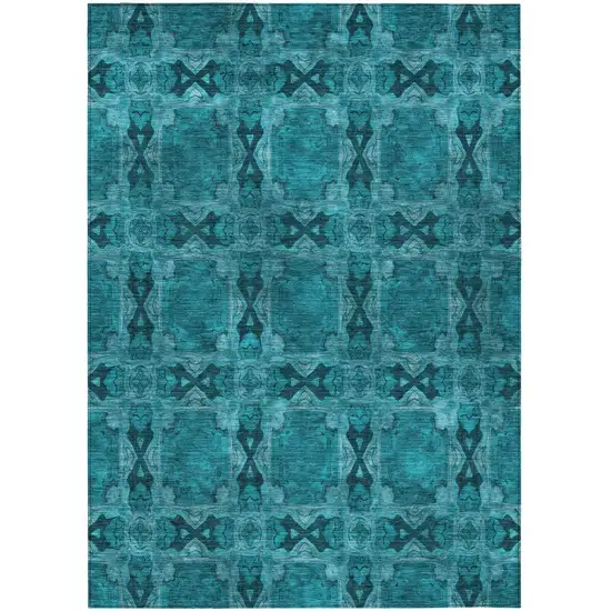 Teal Floral Medallion Washable Non Skid Indoor Outdoor Area Rug Photo 2