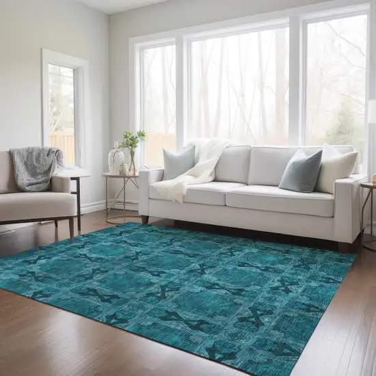 Teal Floral Medallion Washable Non Skid Indoor Outdoor Area Rug Photo 9