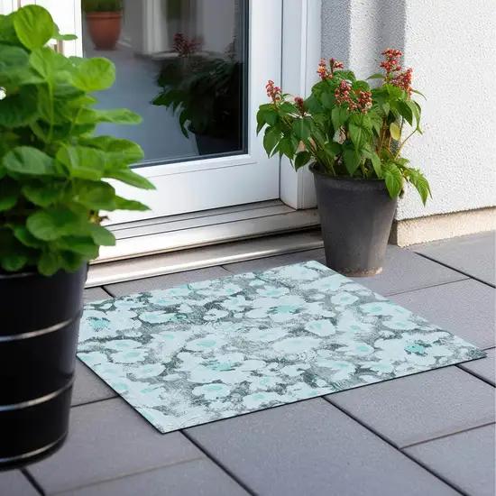 Teal Floral Washable Non Skid Indoor Outdoor Area Rug Photo 7