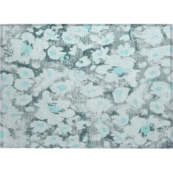 Teal Floral Washable Non Skid Indoor Outdoor Area Rug Photo 2