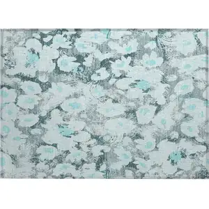 Photo of Teal Floral Washable Non Skid Indoor Outdoor Area Rug