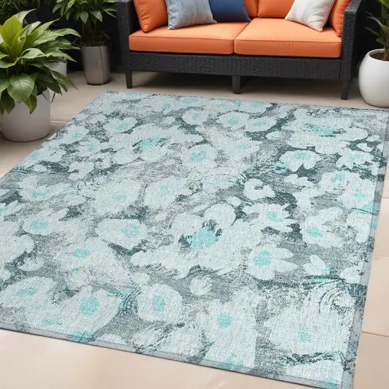 Teal Floral Washable Non Skid Indoor Outdoor Area Rug Photo 1