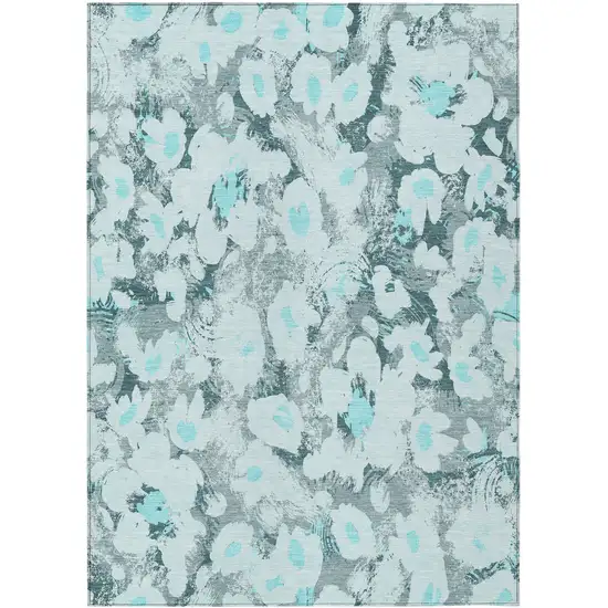 Teal Floral Washable Non Skid Indoor Outdoor Area Rug Photo 2