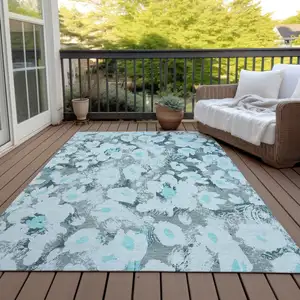 Photo of Teal Floral Washable Non Skid Indoor Outdoor Area Rug