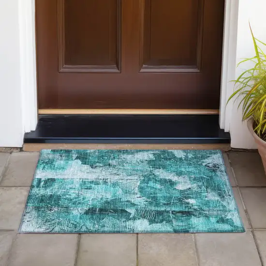 Teal Floral Washable Non Skid Indoor Outdoor Area Rug Photo 8