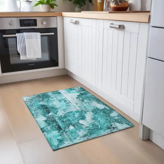 Teal Floral Washable Non Skid Indoor Outdoor Area Rug Photo 9