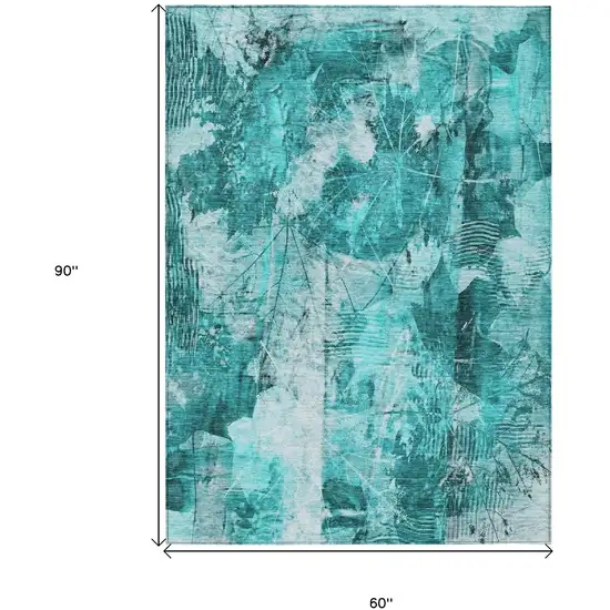 Teal Floral Washable Non Skid Indoor Outdoor Area Rug Photo 3