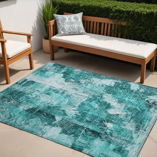 Teal Floral Washable Non Skid Indoor Outdoor Area Rug Photo 1