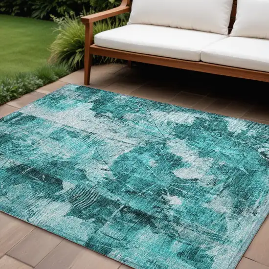 Teal Floral Washable Non Skid Indoor Outdoor Area Rug Photo 1