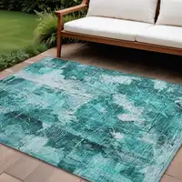 Photo of Teal Floral Washable Non Skid Indoor Outdoor Area Rug