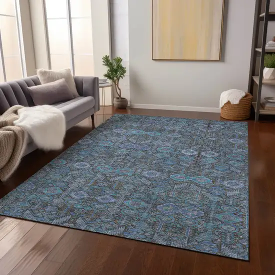 Teal Floral Washable Non Skid Indoor Outdoor Area Rug Photo 9