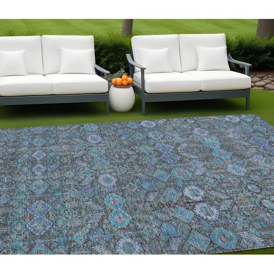 Teal Tribal Washable Indoor Outdoor Area Rug Photo 1