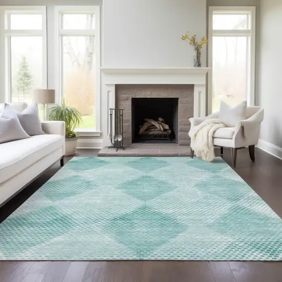 Teal Geometric Washable Non Skid Indoor Outdoor Area Rug Photo 8