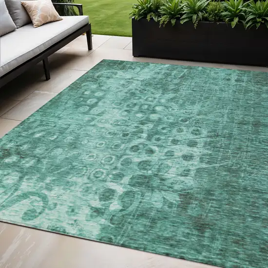 Teal Ikat Washable Non Skid Indoor Outdoor Area Rug Photo 1