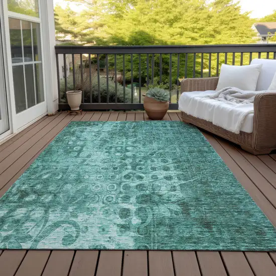 Teal Ikat Washable Non Skid Indoor Outdoor Area Rug Photo 6