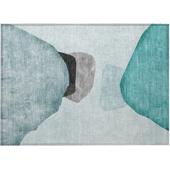 Teal Ivory and Gray Abstract Washable Non Skid Indoor Outdoor Area Rug Photo 5