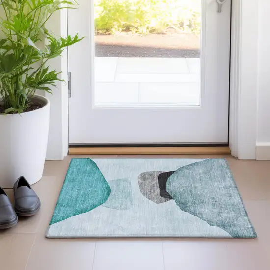 Teal Ivory and Gray Abstract Washable Non Skid Indoor Outdoor Area Rug Photo 9