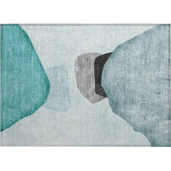 Teal Ivory and Gray Abstract Washable Non Skid Indoor Outdoor Area Rug Photo 2