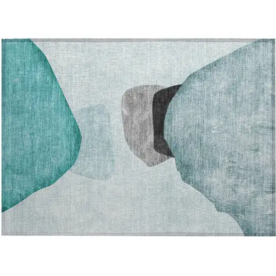 Teal Ivory and Gray Abstract Washable Non Skid Indoor Outdoor Area Rug Photo 2