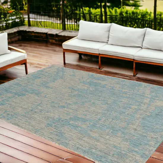 8'X11' Teal Machine Woven Abstract Strokes Indoor Outdoor Area Rug Photo 1