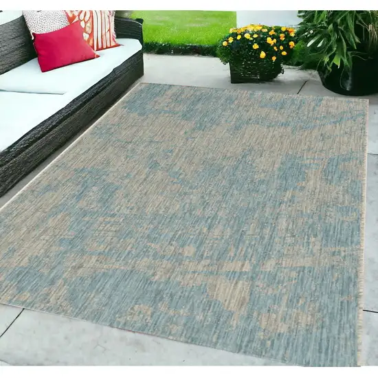 5'X7' Teal Machine Woven Uv Treated Abstract Brushstrokes Indoor Outdoor Area Rug Photo 1