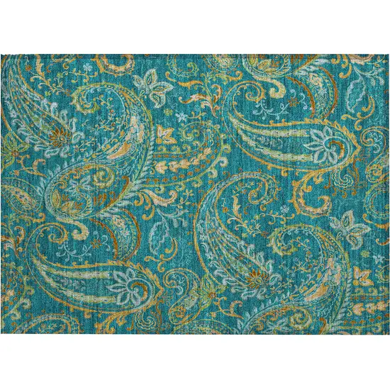 Teal Paisley Washable Non Skid Indoor Outdoor Area Rug Photo 2