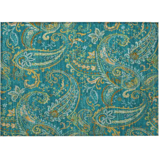 Teal Paisley Washable Non Skid Indoor Outdoor Area Rug Photo 5