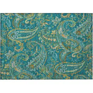 Photo of Teal Paisley Washable Non Skid Indoor Outdoor Area Rug