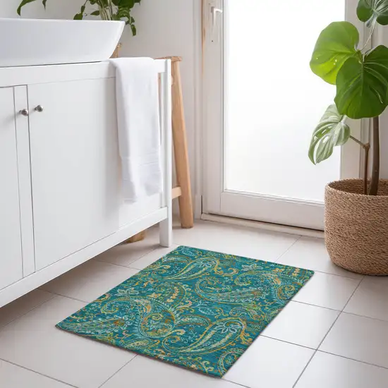 Teal Paisley Washable Non Skid Indoor Outdoor Area Rug Photo 9