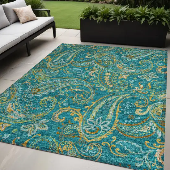 Teal Paisley Washable Non Skid Indoor Outdoor Area Rug Photo 1