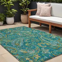 Photo of Teal Paisley Washable Non Skid Indoor Outdoor Area Rug