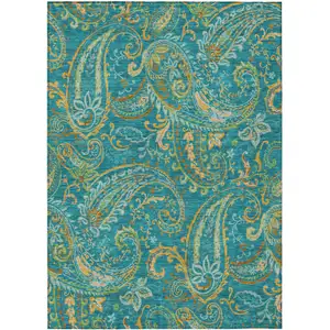 Photo of Teal Paisley Washable Non Skid Indoor Outdoor Area Rug