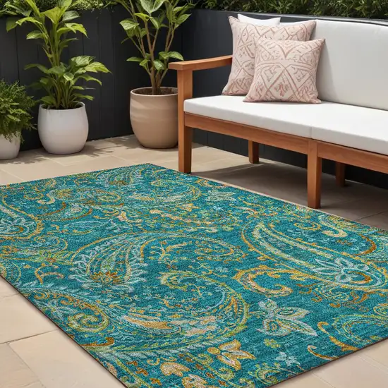 Teal Paisley Washable Non Skid Indoor Outdoor Area Rug Photo 1