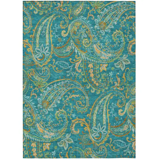 Teal Paisley Washable Non Skid Indoor Outdoor Area Rug Photo 2