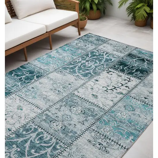 Teal Patchwork Washable Non Skid Indoor Outdoor Area Rug Photo 1