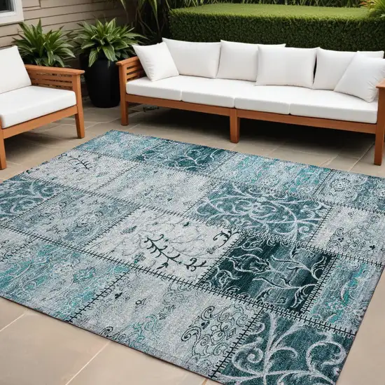 Teal Patchwork Washable Non Skid Indoor Outdoor Area Rug Photo 1