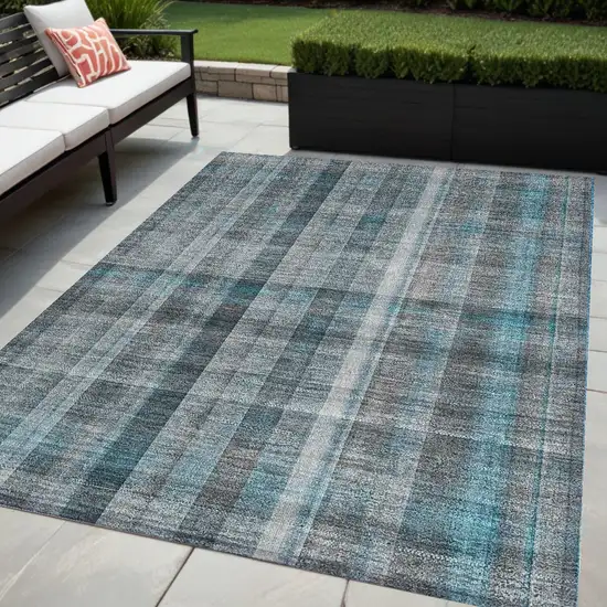 Teal Plaid Washable Non Skid Indoor Outdoor Area Rug Photo 1