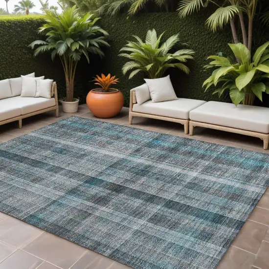 Teal Plaid Washable Non Skid Indoor Outdoor Area Rug Photo 1