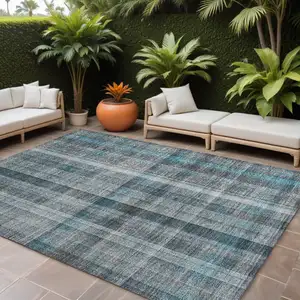 Photo of Teal Plaid Washable Non Skid Indoor Outdoor Area Rug