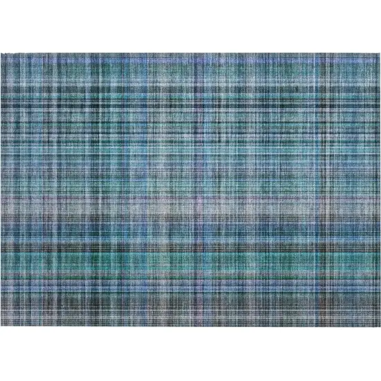 Blue Teal and Gray Plaid Washable Non Skid Indoor Outdoor Area Rug Photo 2