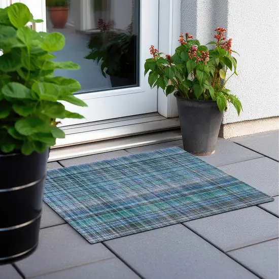 Blue Teal and Gray Plaid Washable Non Skid Indoor Outdoor Area Rug Photo 8